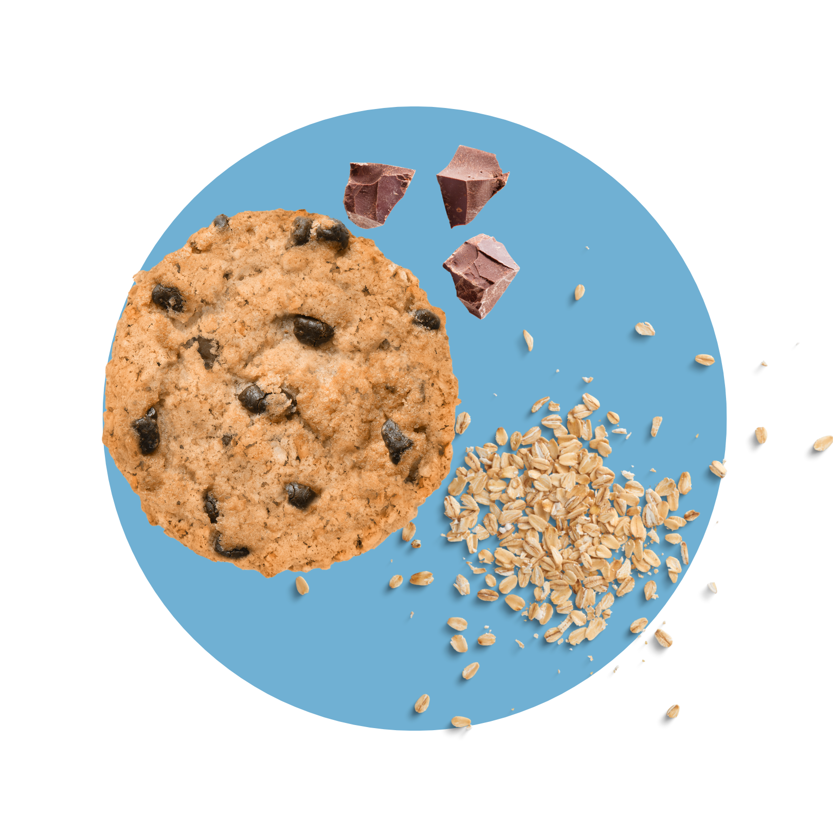 Bohlsener Mühle Cookie mit Schokoladenstückchen und Haferflocken auf blauem Hintergrund.