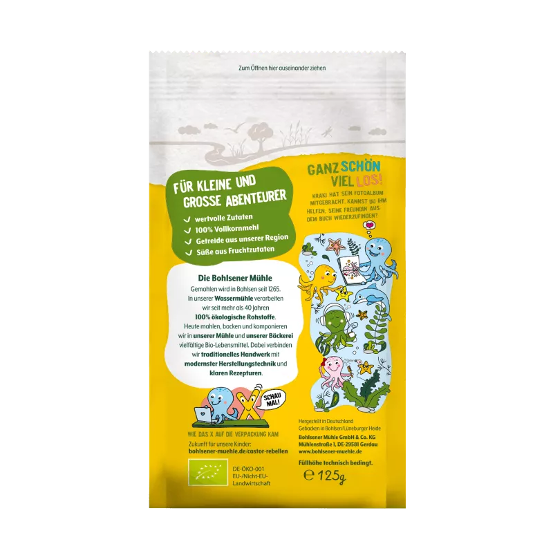 Bohlsener Mühle Verpackung für Kinder mit bunten Meeresbewohnern und Zutatenliste.