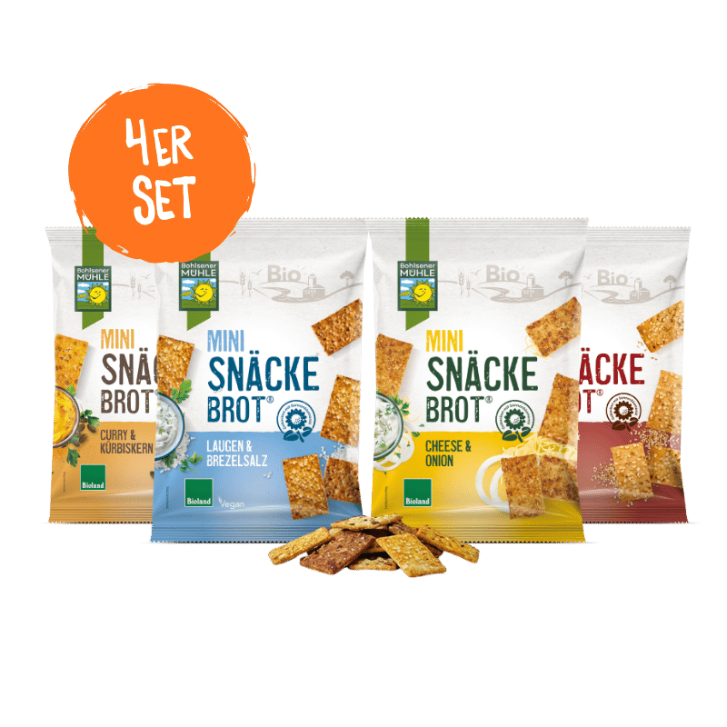 Bohlsener Mühle Mini Snäcke Brot 4er Set mit verschiedenen Geschmacksrichtungen.