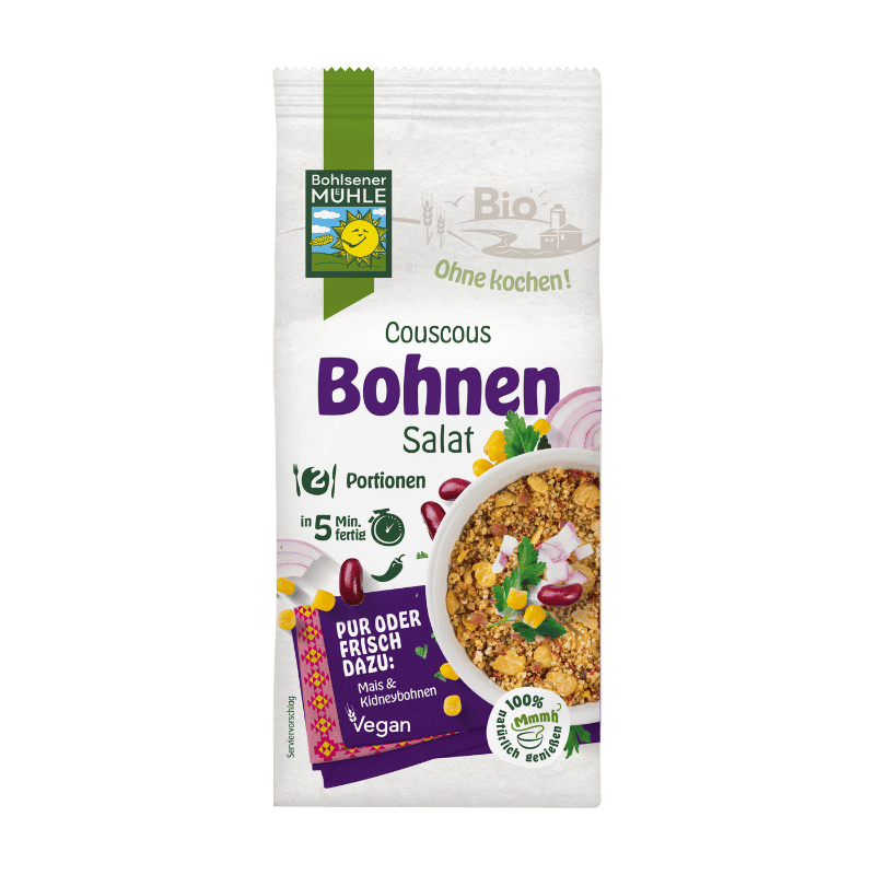 Bohlsener Mühle Couscous Bohnen Salat in einer Schüssel mit frischen Zutaten.