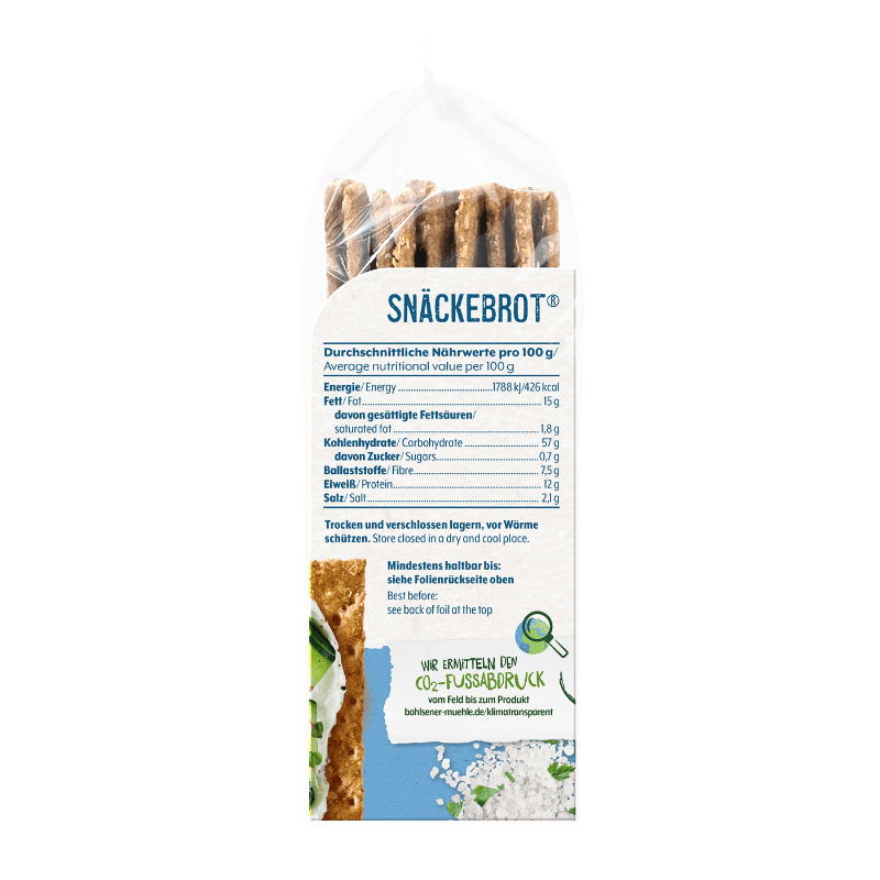 Rückseite der Bohlsener Mühle Snäckebrot Packung mit Nährwerttabelle und Informationen zum CO2-Fußabdruck.