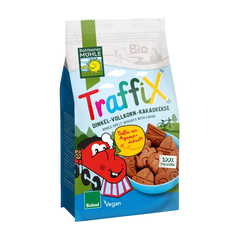 Bohlsener Mühle Traffix Dinkel-Vollkorn-Kakaokekse in einer Verpackung mit Keksen.
