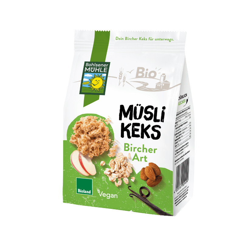 Bohlsener Mühle Müslikeks Bircher Art mit Äpfeln, Haferflocken und Mandeln.