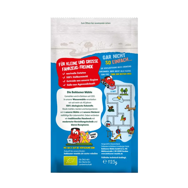 Bohlsener Mühle Fahrzeug-Freunde Snackpackung mit buntem Design und Spielanleitung.