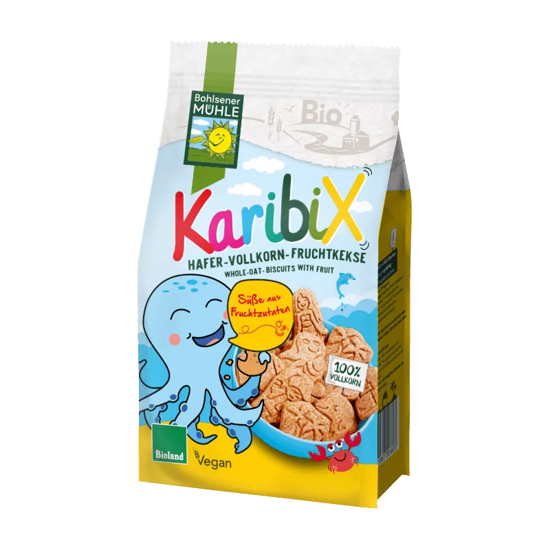 Bohlsener Mühle KaribiX Hafer-Vollkorn-Fruchtkekse in einer bunten Verpackung mit einem niedlichen Oktopus.