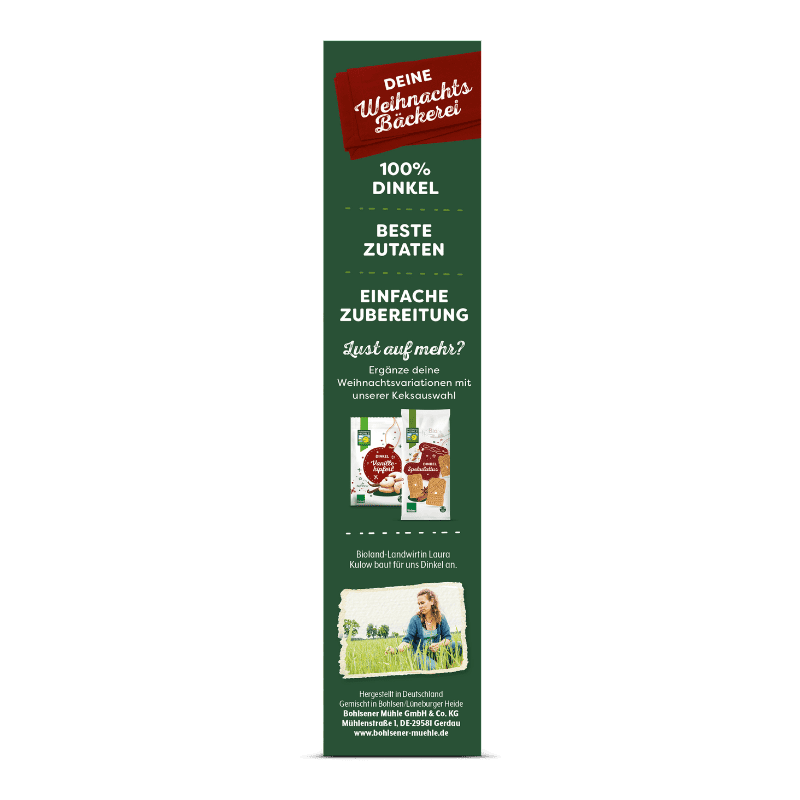 Bohlsener Mühle Produktinformationen für Dinkel-Vanillekipferl und Dinkel-Spekulatius mit Bild einer Landwirtin.
