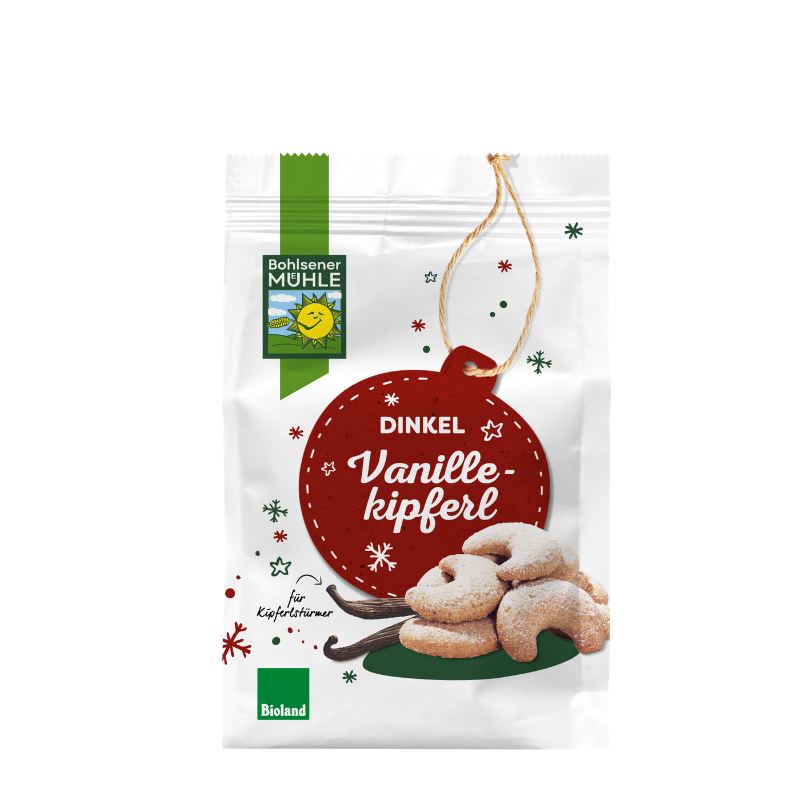 Bohlsener Mühle Dinkel Vanillekipferl Cookie-Packung mit weihnachtlichem Design und abgebildeten Vanilleschoten.