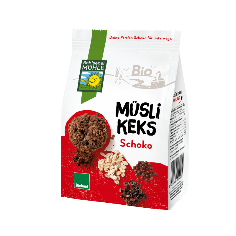 Bohlsener Mühle Müsli Keks Schoko mit Schokoladenstückchen und Haferflocken.
