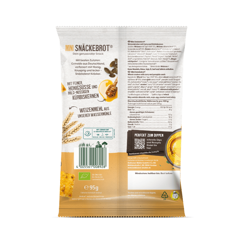 Verpackung von Bohlsener Mühle Mini Snäckebrot mit Kürbiskernen und Honig.