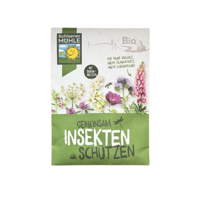 Bohlsener Mühle Insekten schützen, Verpackung mit bunten Blumen und Pflanzen.