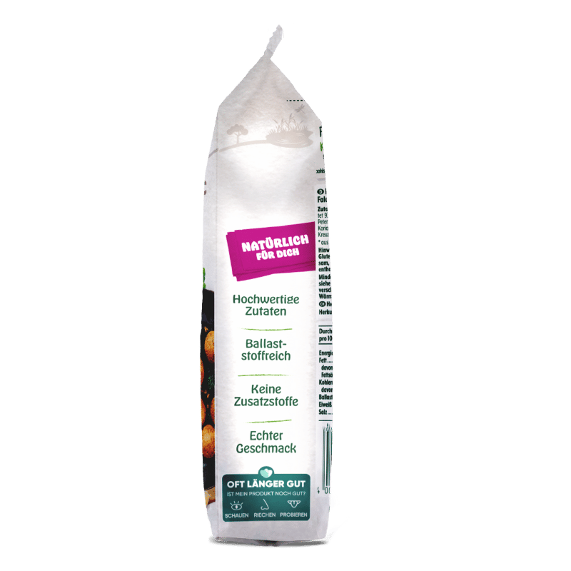 Seitenansicht der Produktverpackung der Bohlsener Mühle, die das Engagement der Marke für natürliche Inhaltsstoffe und einen hohen Ballaststoffgehalt unterstreicht.