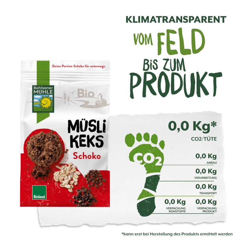 Bohlsener Mühle Müsli Keks Schoko in Verpackung mit Schokoladenstückchen.