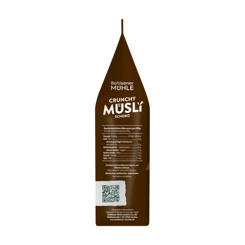 Die Rückseite der Bohlsener Mühle Crunchy Müsli Schoko Verpackung mit Nährwerttabelle und einem QR-Code.