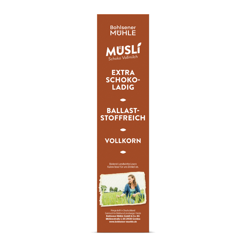 Bohlsener Mühle Müslipackung mit extra schokoladigen Vollkorn-Inhalten.
