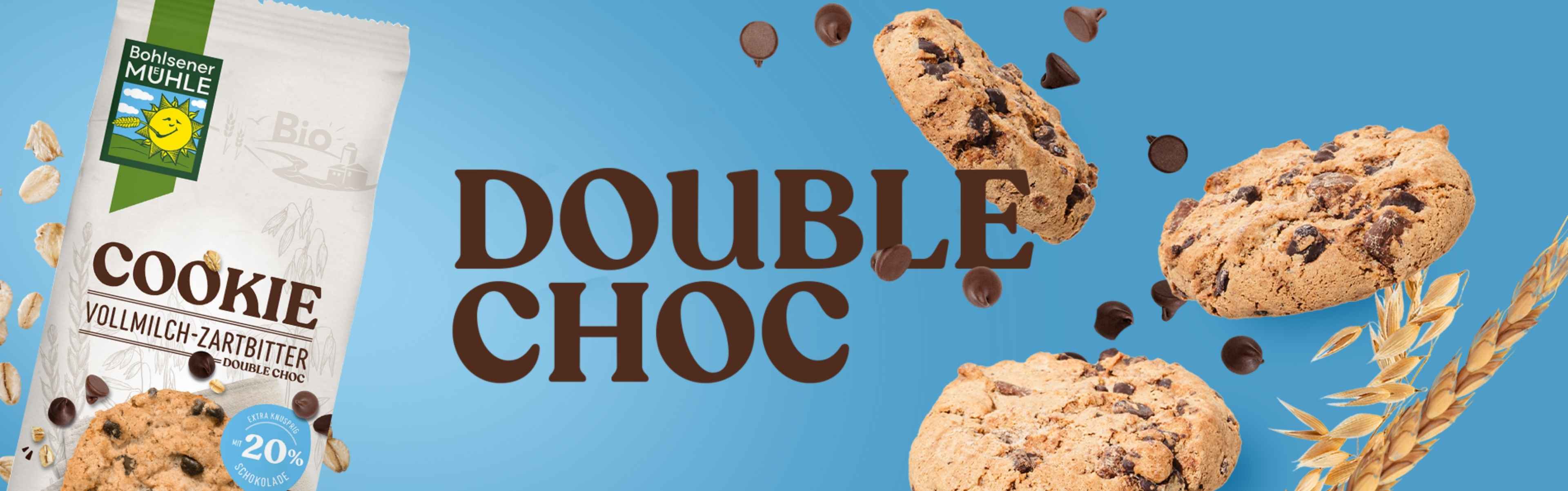 Bohlsener Mühle Cookie Vollmilch-Zartbitter Double Choc mit Schokoladenstückchen.
