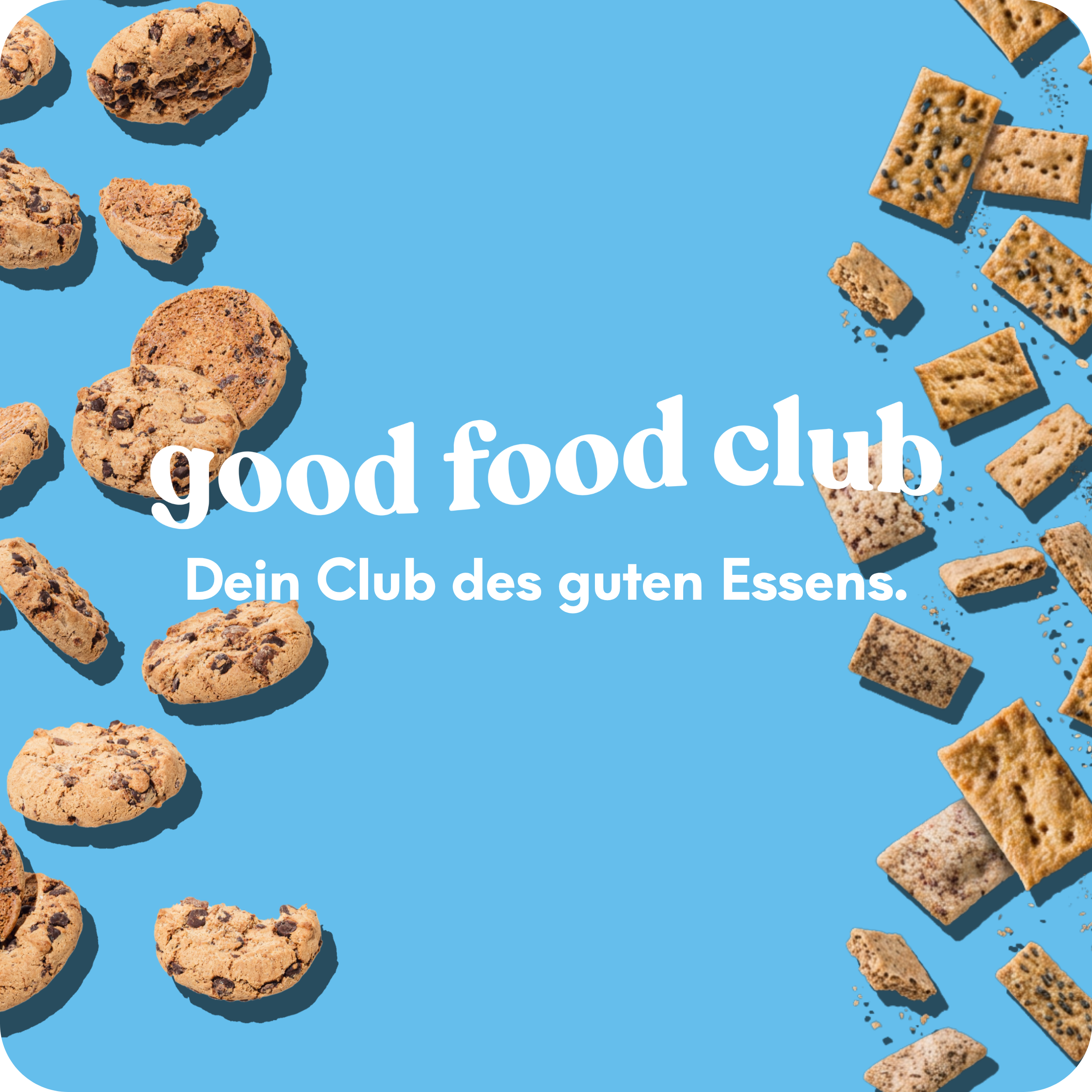 Bohlsener Mühle Cookie und Crunchy Stücke schweben vor einem blauen Hintergrund mit dem Text Good Food Club.