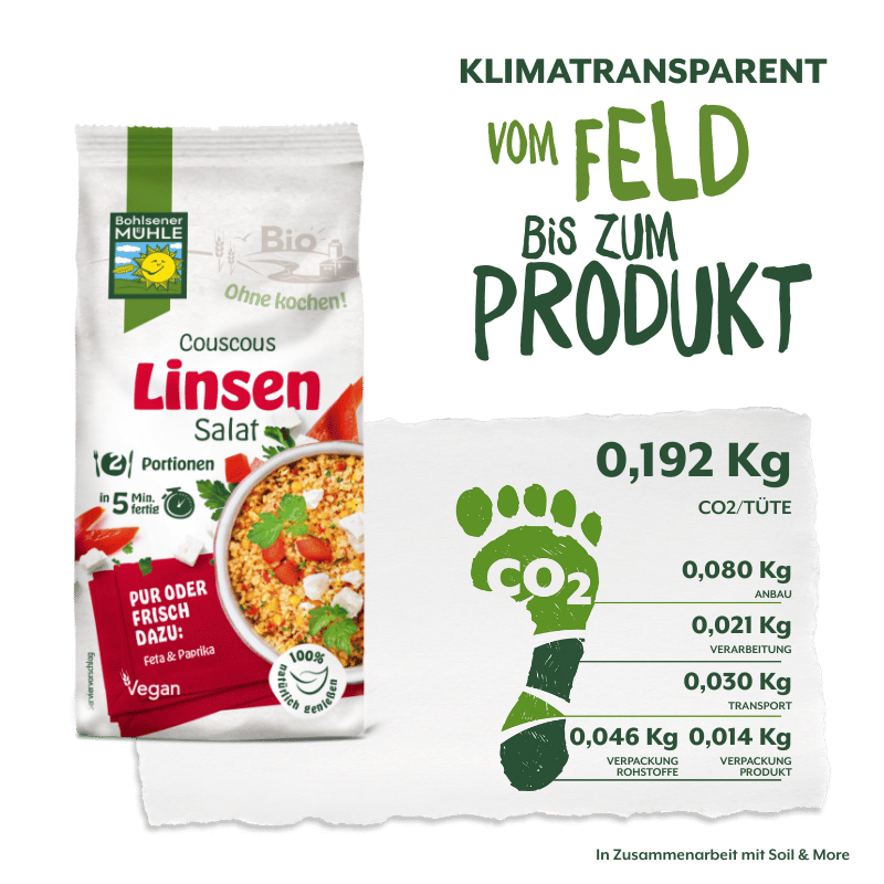 Bohlsener Mühle Couscous-Linsen-Salat-Paket und CO2-Fußabdruck vom Feld bis zum Produkt, der nachhaltige Landwirtschaft hervorhebt.