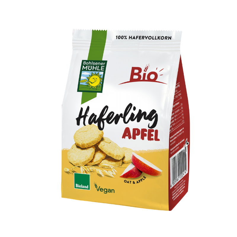 Bohlsener Mühle Haferling Apfel Cookie Packung mit Haferkeksen und Apfelstücken auf gelbem Grund.