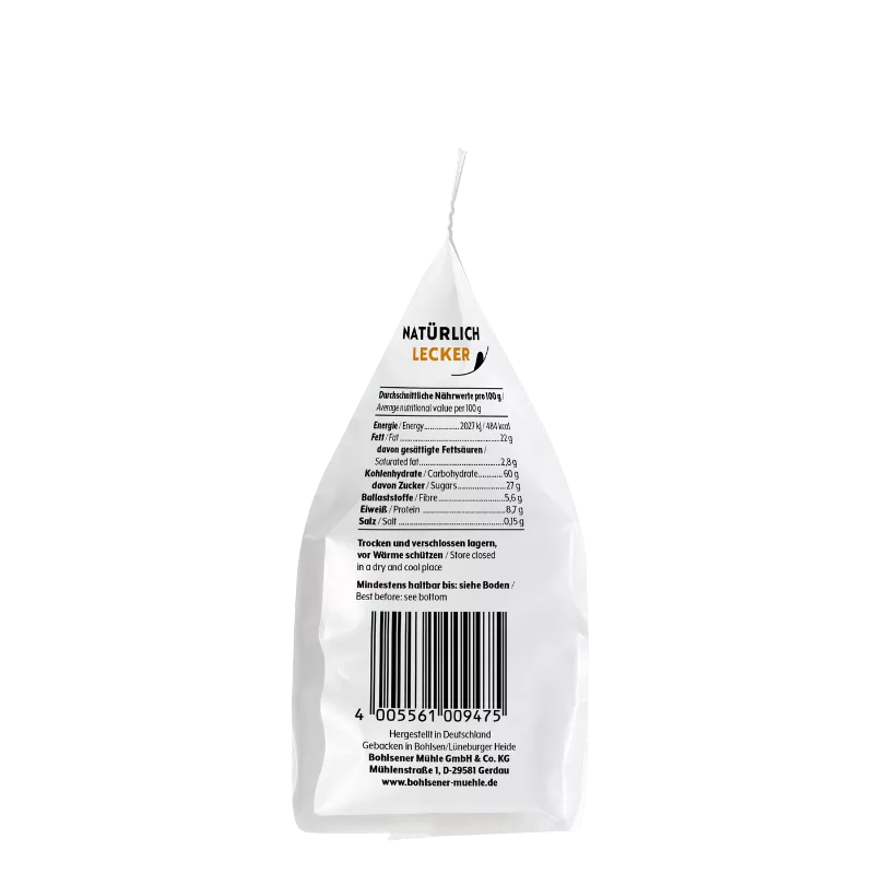 Nahaufnahme einer Produktverpackung der Bohlsener Mühle, die Nährwertangaben und das Engagement des Unternehmens für biologische und regionale Zutaten hervorhebt.