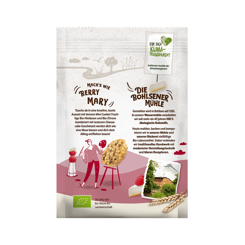 Bohlsener Mühle Mini Cookies mit Bio-Himbeeren und Bio-Zitrone auf der Verpackung.