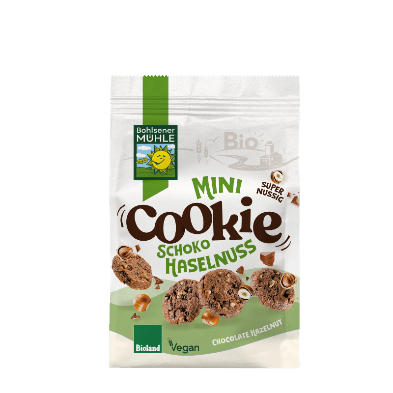Verpackung von Bohlsener Mühle Mini Cookie Schoko Haselnuss mit Keksen und Haselnüssen.