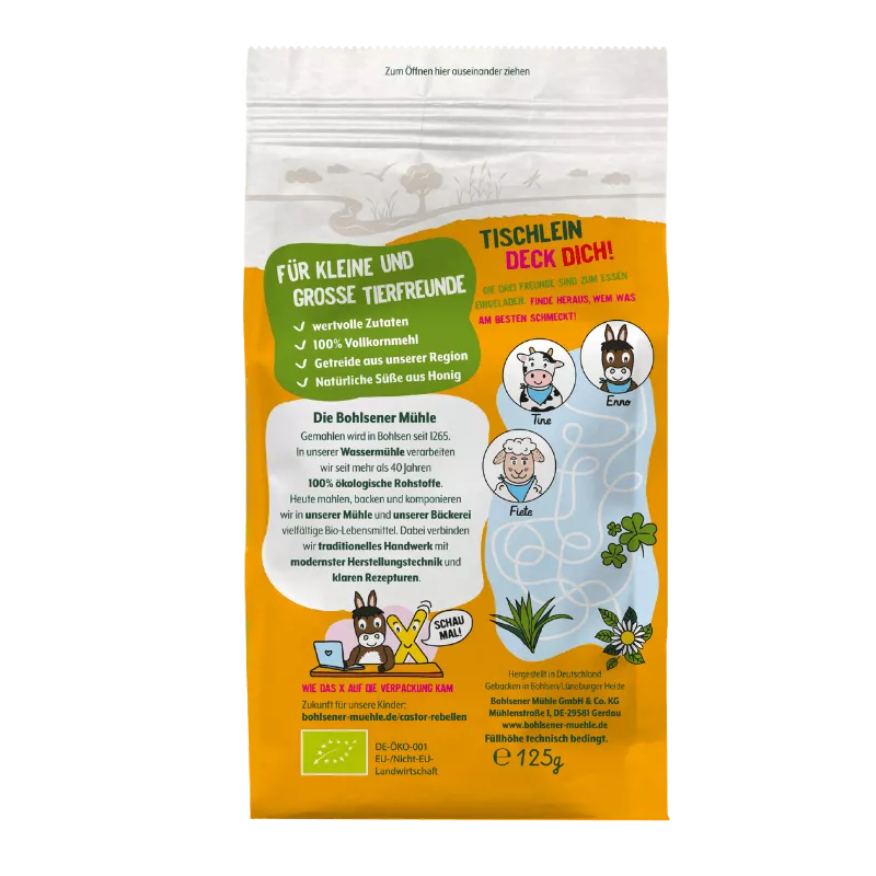 Verpackung von Bohlsener Mühle mit Tieren und natürlichen Zutaten für Tierfreunde.