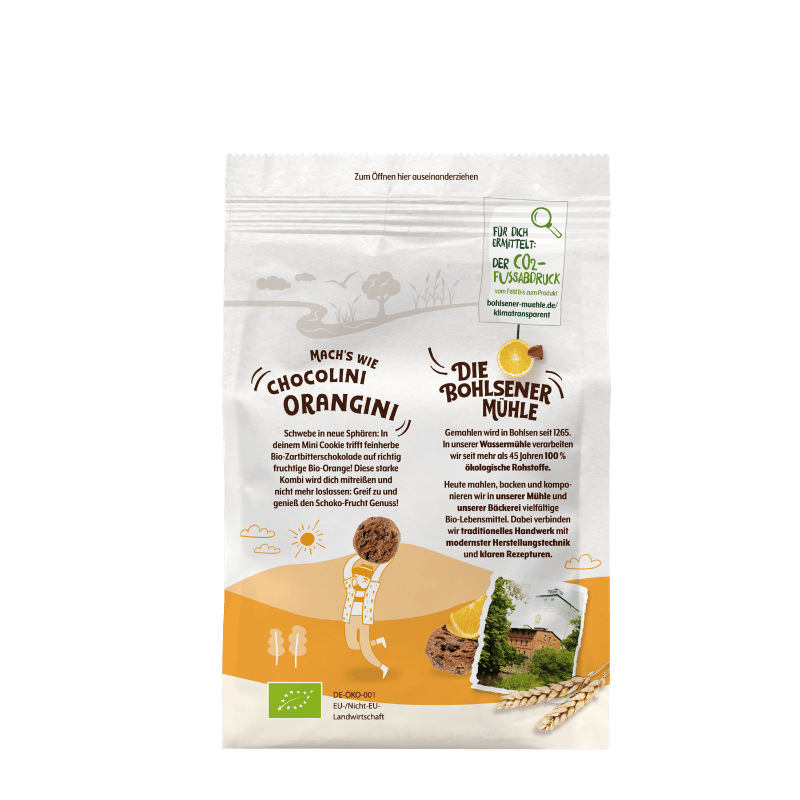 Bohlsener Mühle Chocolini Orangini Mini Cookies mit fruchtiger Bio-Zartbitterschokolade.