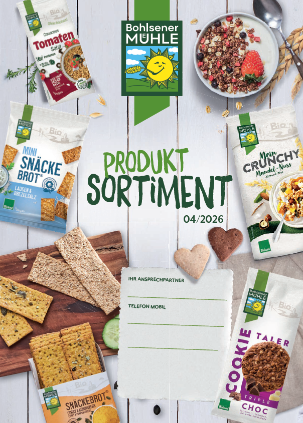Bohlsener Mühle Produktübersicht mit verschiedenen Snacks und Müslis.