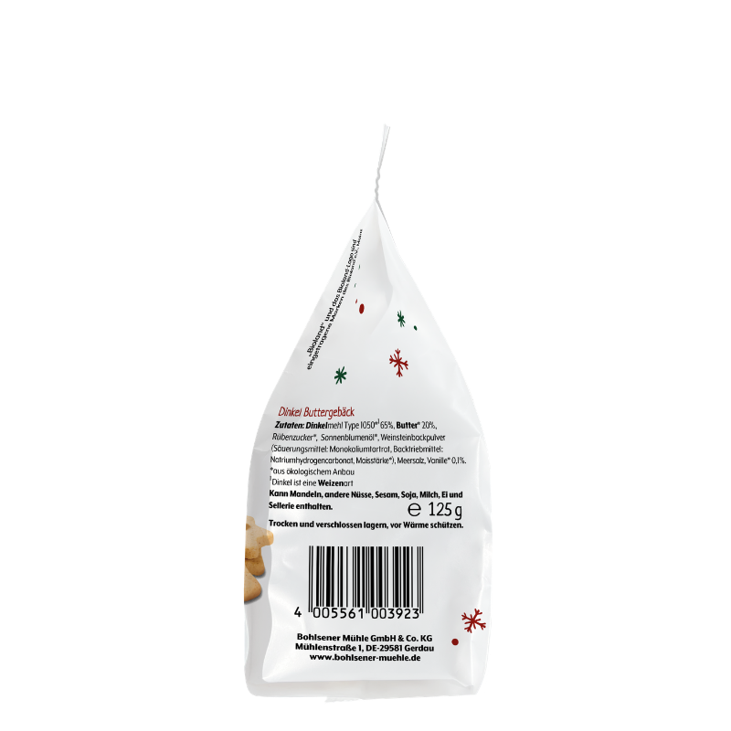 Rückseite der Dinkel Buttergebäck Packung von Bohlsener Mühle mit Zutatenliste und Strichcode auf weißem Grund.