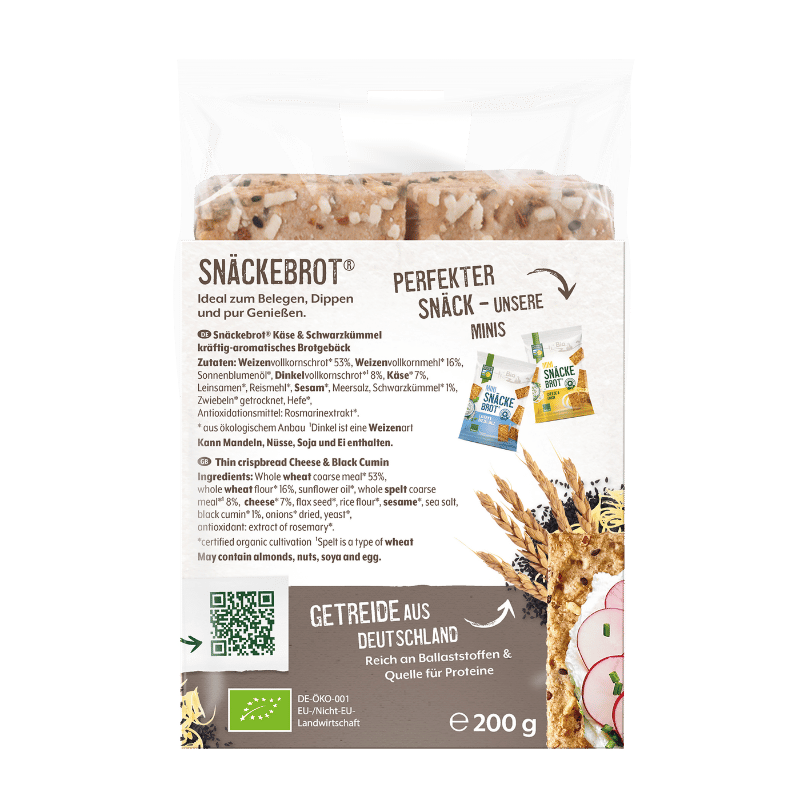 Bohlsener Mühle Snäcke-Brot mit Käse und Schwarzkümmel in der Verpackung.