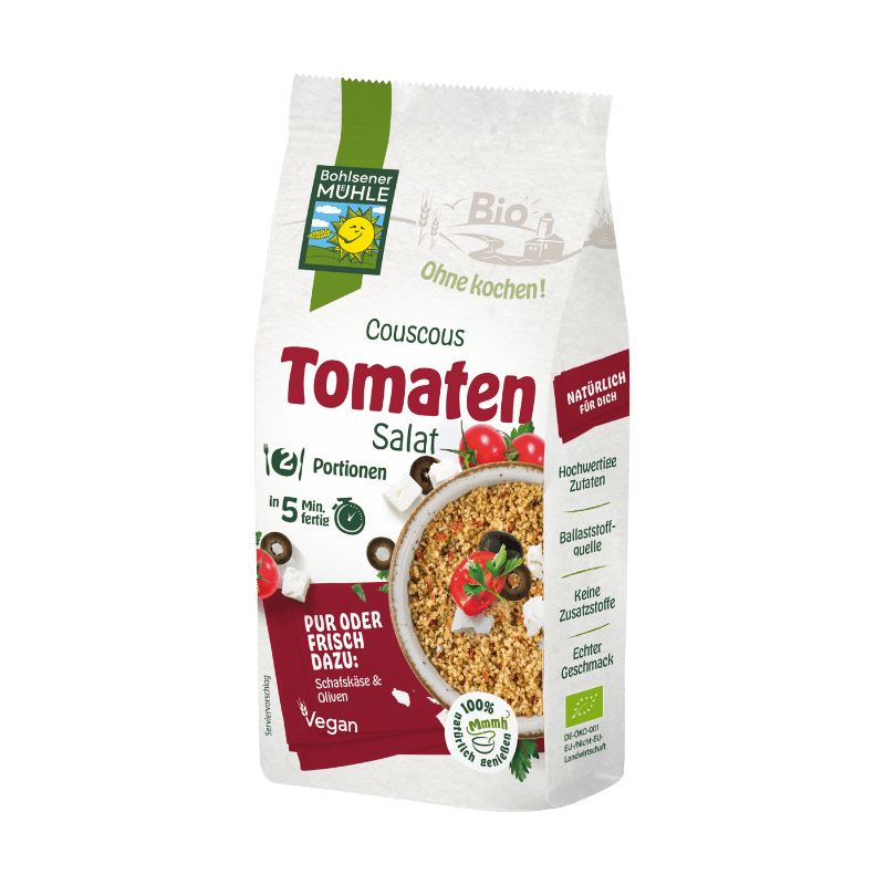 Bohlsener Mühle Couscous Tomatensalat in einer Verpackung mit Tomaten und Oliven.