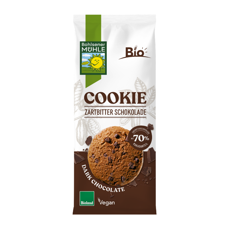 Eine Packung Bohlsener Mühle Cookie Zartbitter Schokolade mit einem runden Keks und Schokostückchen abgebildet.