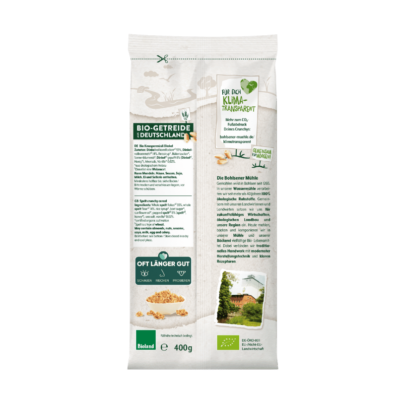 Verpackung von Bohlsener Mühle Bio-Getreide mit Crunchy-Inhalt.