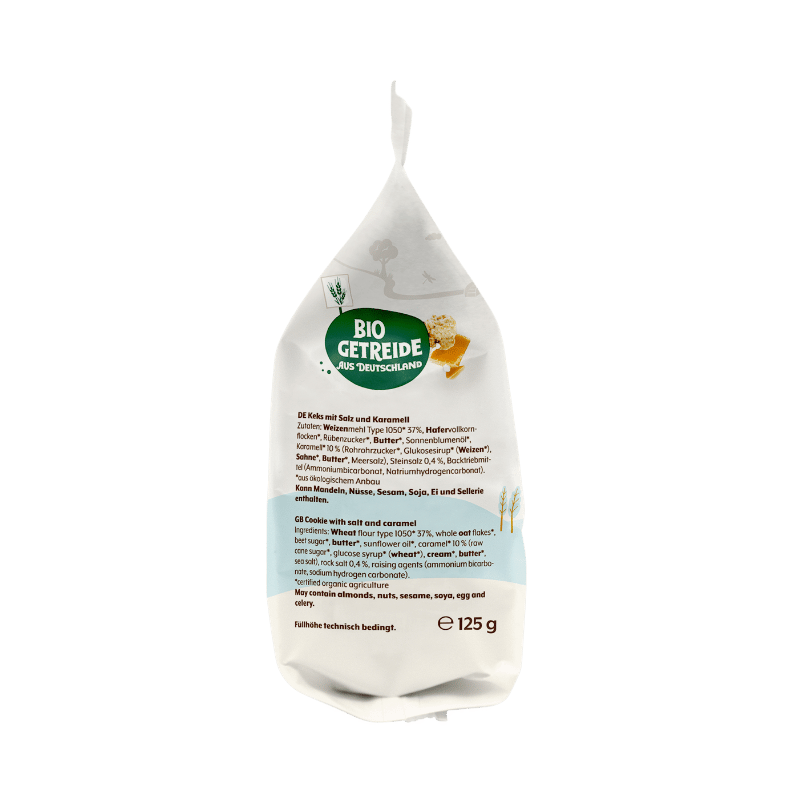 Bohlsener Mühle Bio Getreide Kekse mit Salz und Karamell in Verpackung.