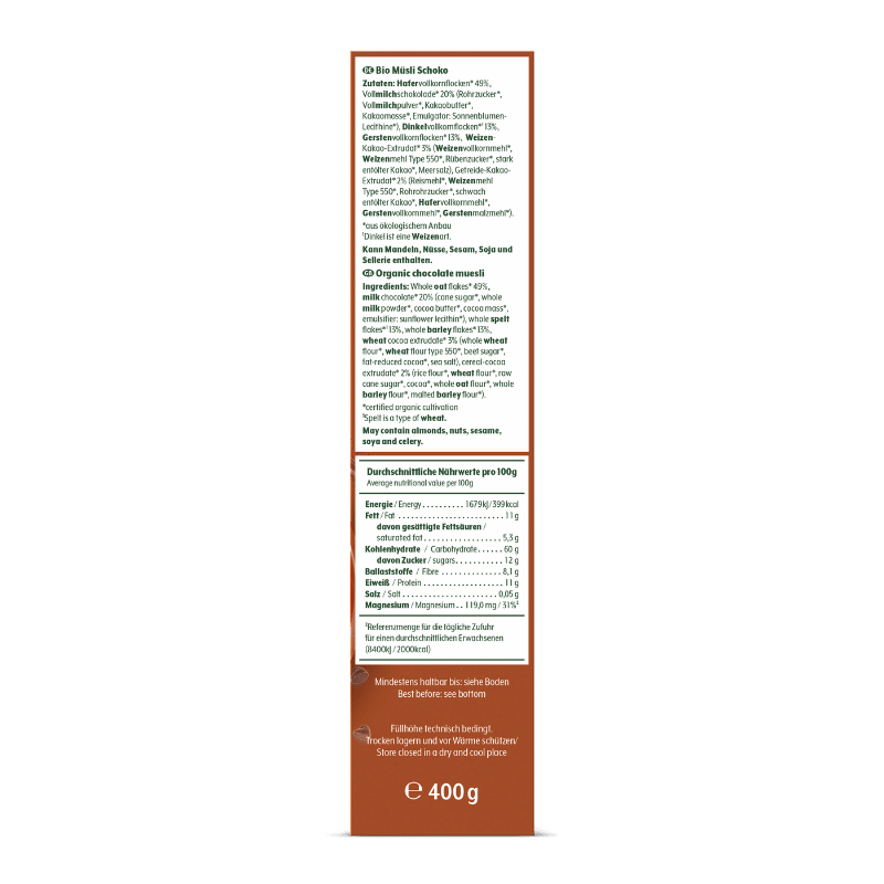 Verpackung von Bohlsener Mühle Bio Müsli Schoko mit Zutatenliste und Nährwertangaben.