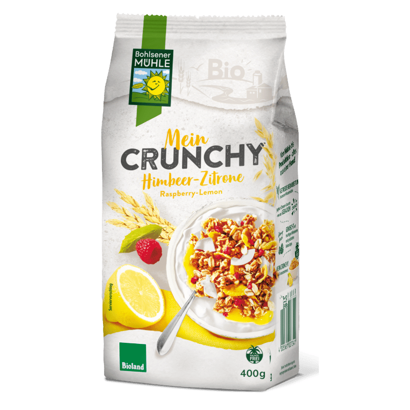 Bohlsener Mühle Mein Crunchy Himbeer-Zitrone in einer Verpackung mit einer Schüssel Müsli.