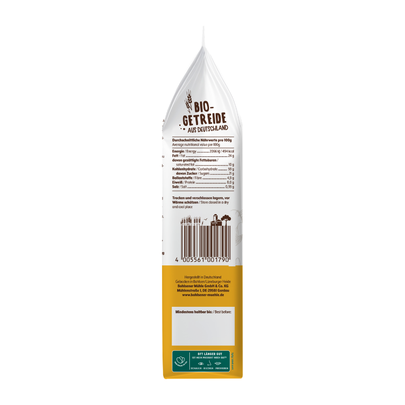 Seitenansicht der Bohlsener Mühle Cookie Crunchy Packung mit Nährwerttabelle und Barcode auf weißem Hintergrund.