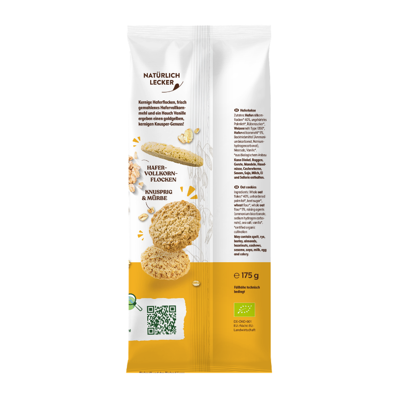 Die Bohlsener Mühle Haferkeks Packung zeigt knusprige Hafer-Cookies mit Haferflocken auf weißem Hintergrund.