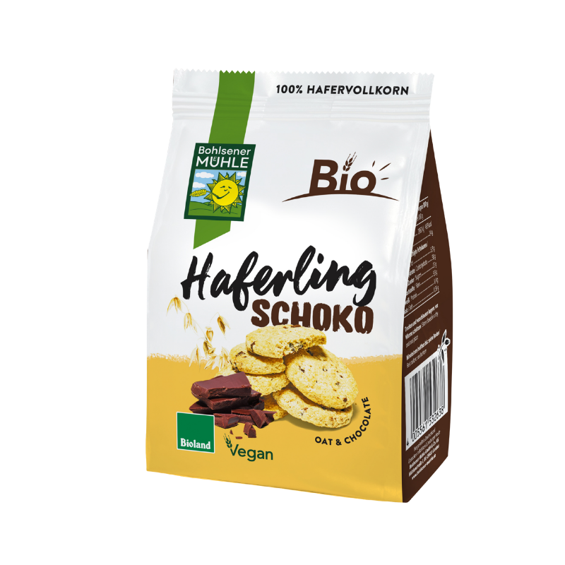 Die Packung Haferling Schoko von Bohlsener Mühle zeigt Hafer-Cookies mit Schokoladenstücken auf gelbem Grund.