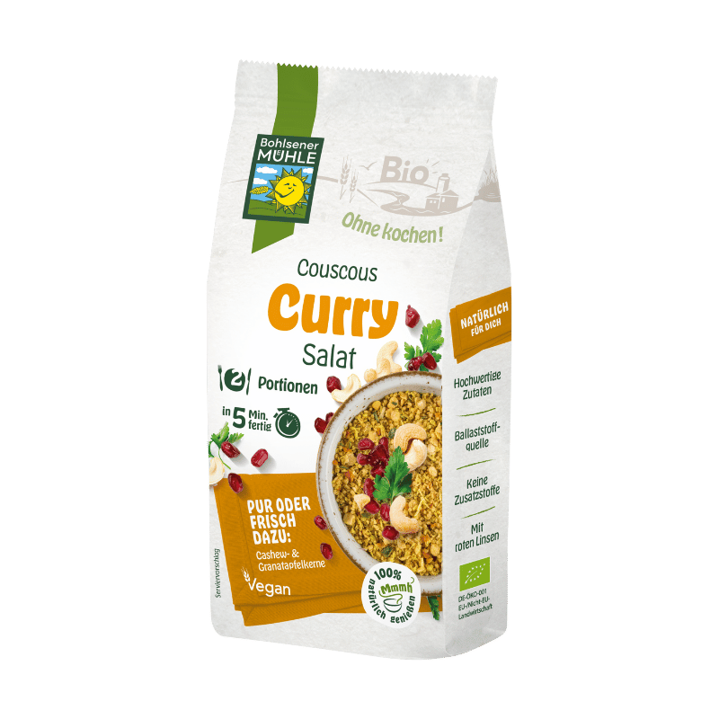 Bohlsener Mühle Couscous Curry Salat in einer Verpackung mit Zutaten.