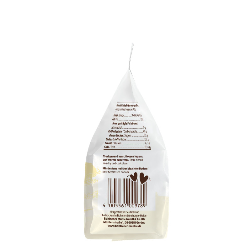 Die Rückseite der Bohlsener Mühle Crunchy Cookie Packung zeigt die Nährwerttabelle und den Strichcode auf weißem Grund.