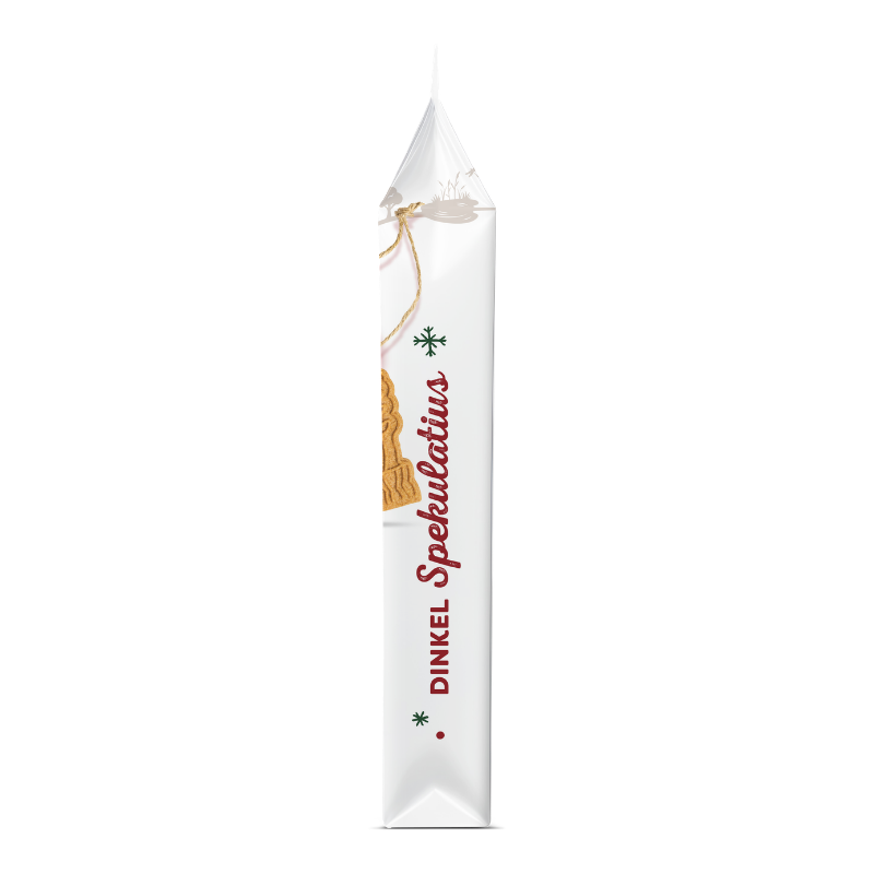 Die weiße Packung Dinkel Spekulatius von Bohlsener Mühle zeigt einen knusprigen Keks und weihnachtliche Symbole.