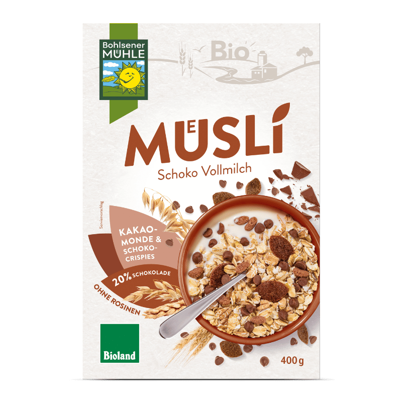 Bohlsener Mühle Schoko Vollmilch Müsli mit Kakao-Monden und Schoko-Crispies.