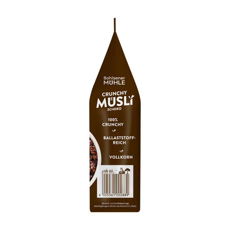 Braune Packung Bohlsener Mühle Crunchy Schoko Müsli mit Sichtfenster auf die Getreideflocken und Strichcode.