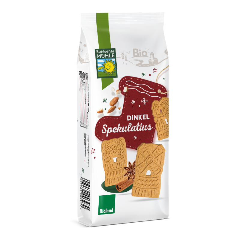Die Packung Dinkel Spekulatius von Bohlsener Mühle zeigt weihnachtliche Kekse mit Mandeln, Sternanis und Zimtstange.