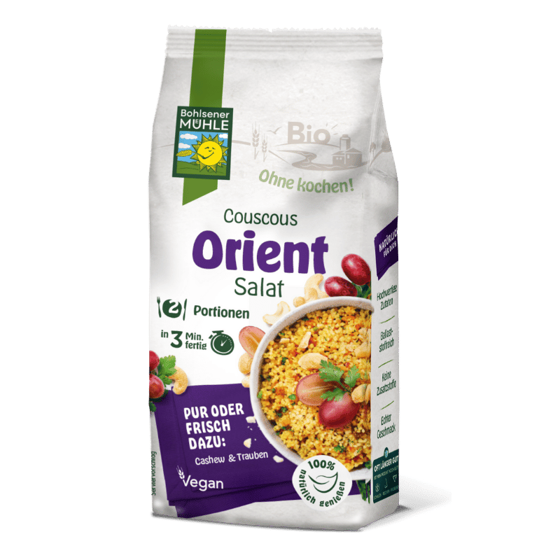 Bohlsener Mühle Couscous Orient Salat in einer Verpackung mit Zutaten.