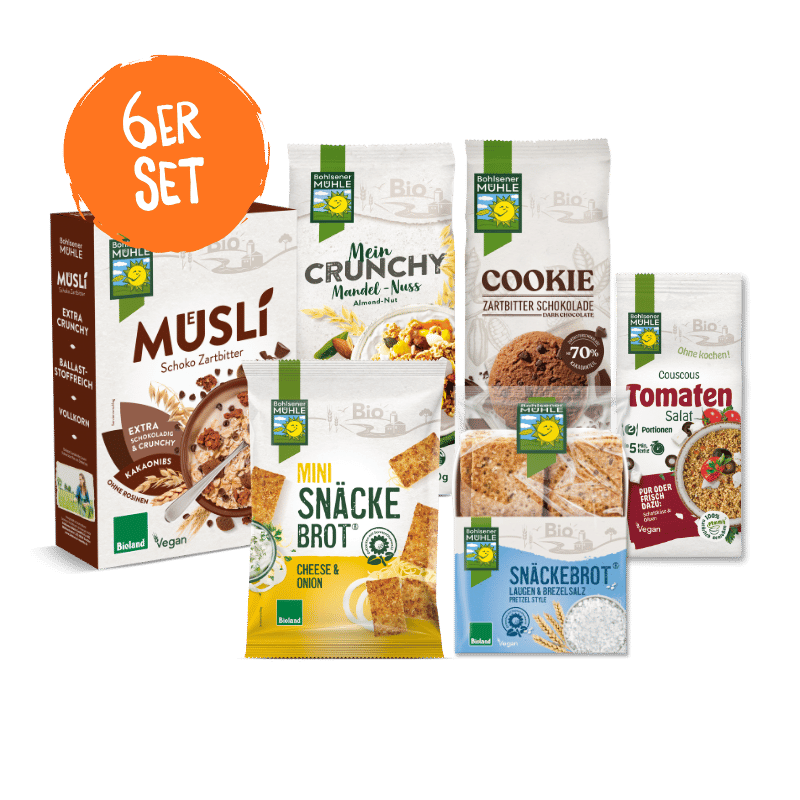 Sechser-Set von Bohlsener Mühle mit Müslis, Keksen und Snacks.