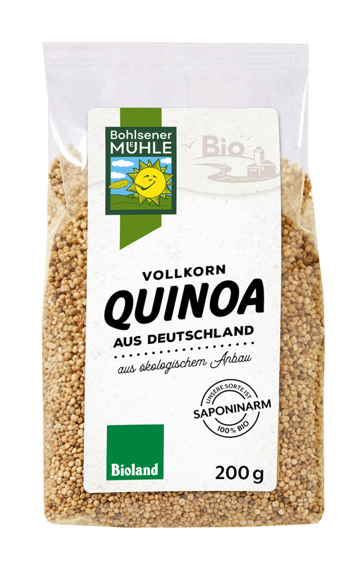 Bohlsener Mühle Vollkorn Quinoa aus Deutschland in einer transparenten Verpackung.