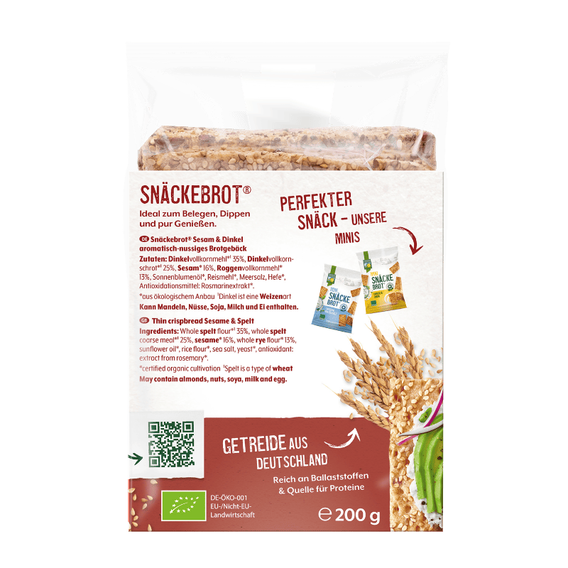 Rückseite der Bohlsener Mühle Snäckebrot Sesam & Dinkel Packung mit Zutatenliste und Abbildungen der Mini-Snäcke.