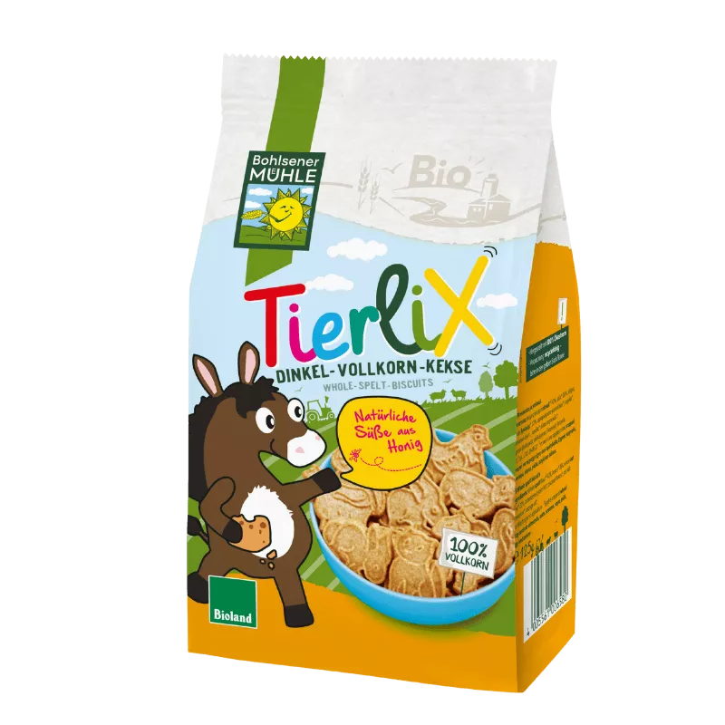 Bohlsener Mühle Tierlix Dinkel-Vollkorn-Kekse in einer Schüssel, umgeben von der Verpackung.